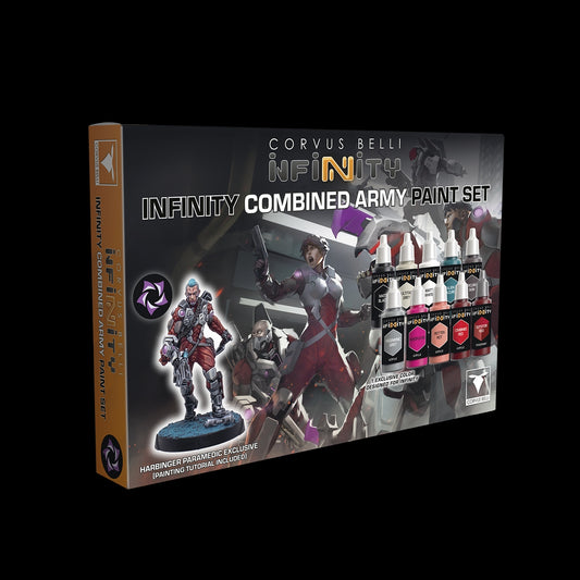 Box of Corvus Belli Infinity Combined Army Paint Set with figurines and paint bottles on a dark background