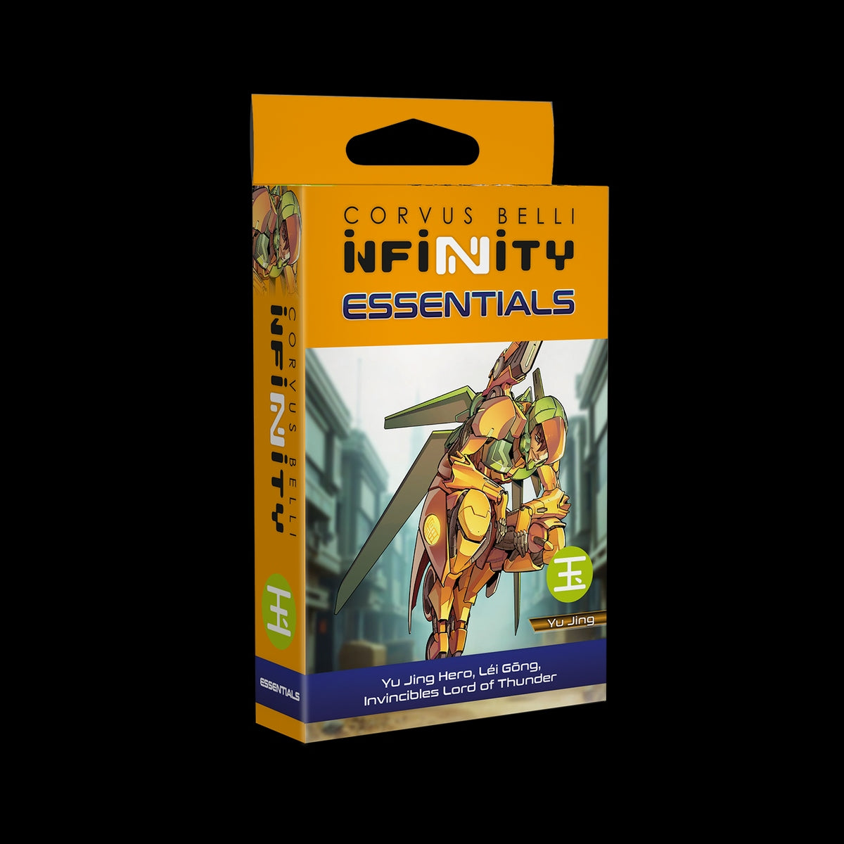 Corvus Belli Infinity Essentials game box with a robot illustration on a black background