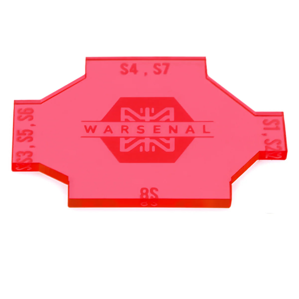 Red plastic component with 'Warsenal' branding on a white background