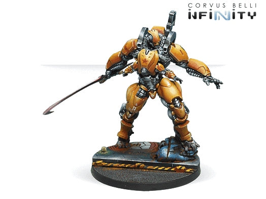 Infinity Gūijiă Squadron model with orange and black armor on a white background