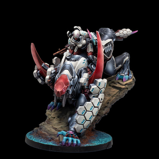 Detailed figurine of a creature with armor and weapons on a black background