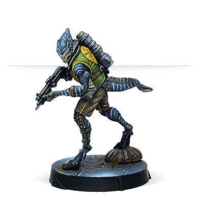 Infinity Libertos Freedom Fighter miniature with detailed armor and weapon on a white background