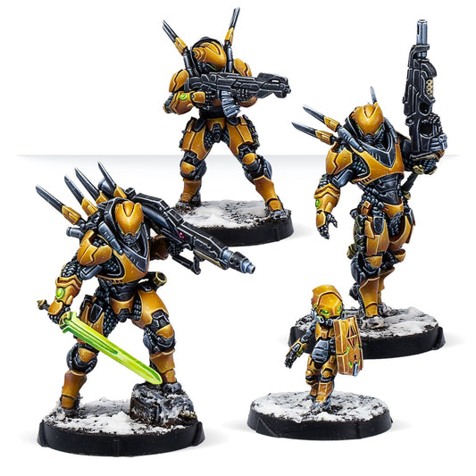 Four painted Infinity Shang Ji armored characters with weapons on a white background