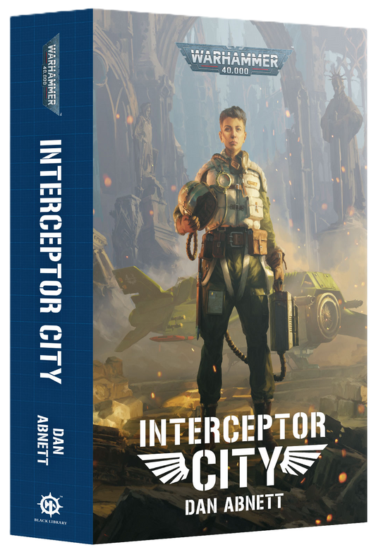 Book cover of 'Interceptor City' by Dan Abnett with a futuristic cityscape and character on the cover.