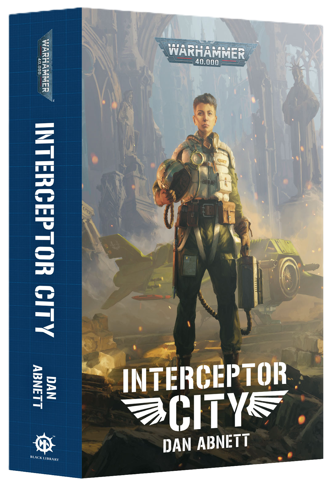 Book cover of 'Interceptor City' by Dan Abnett with a futuristic cityscape and character on the cover.
