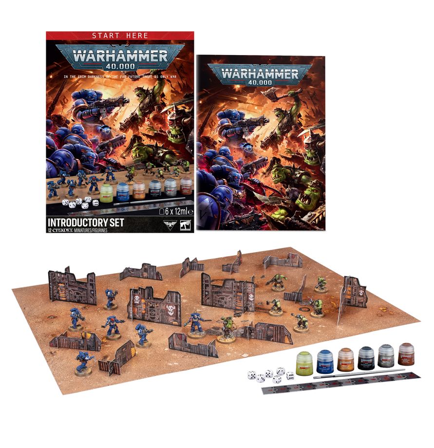 Warhammer 40k tabletop gaming starter set displayed on a white background, including the illustrated box, card, terrain pieces, miniatures, and paint bottles.