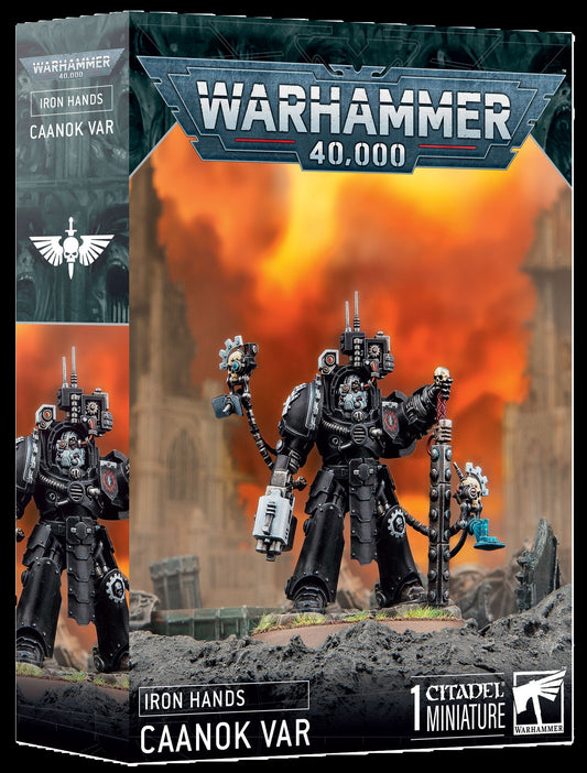 Warhammer 40,000 miniatures box with Iron Hands Caanok Var figure on fiery background