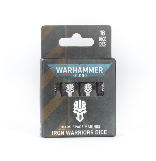 Packaged dice set for 'Warhammer 40,000' with Iron Warriors design on a white background