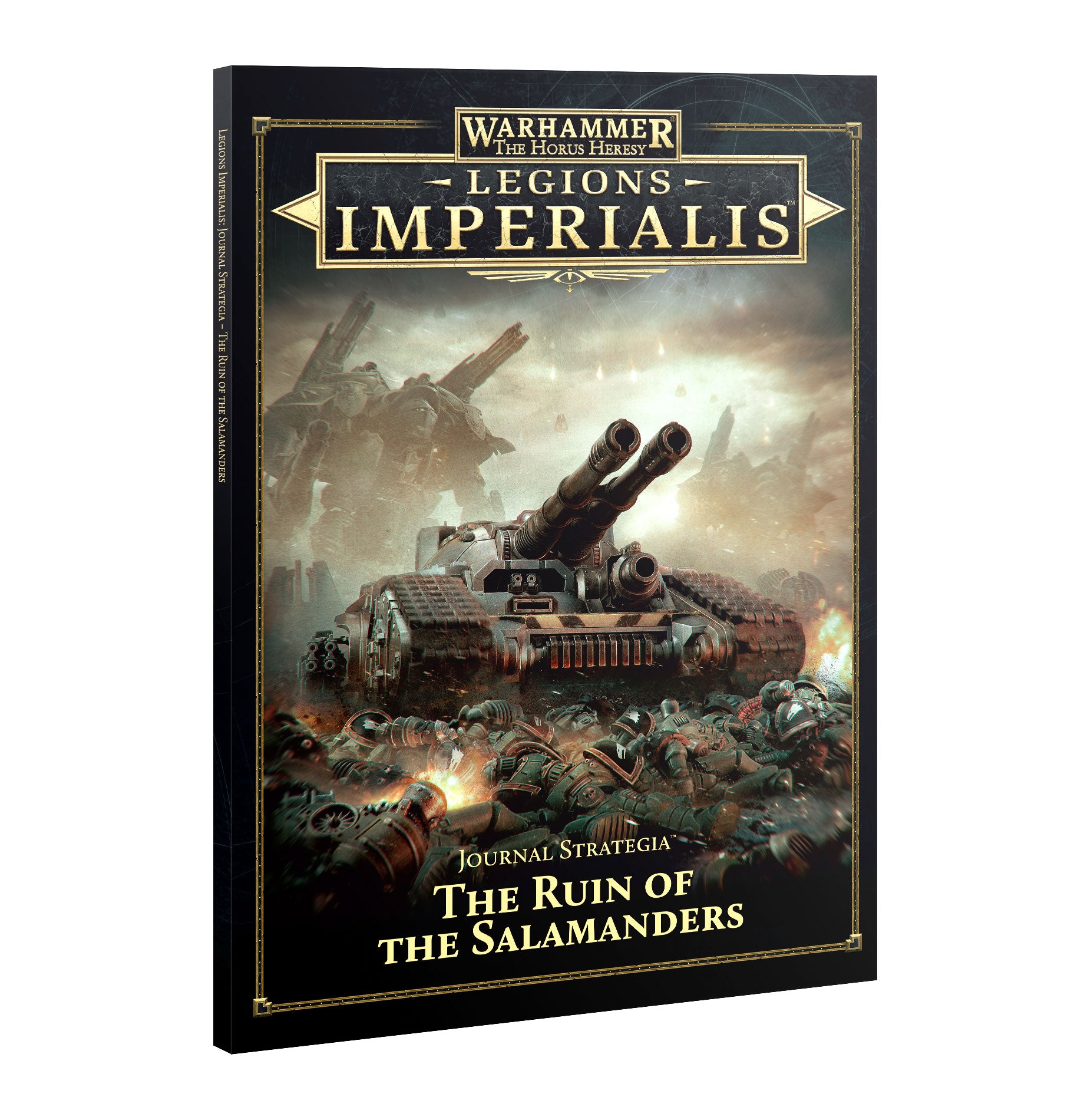 Book titled 'Legions Imperialis' with a tank and soldiers on the cover, featuring Warhammer branding.