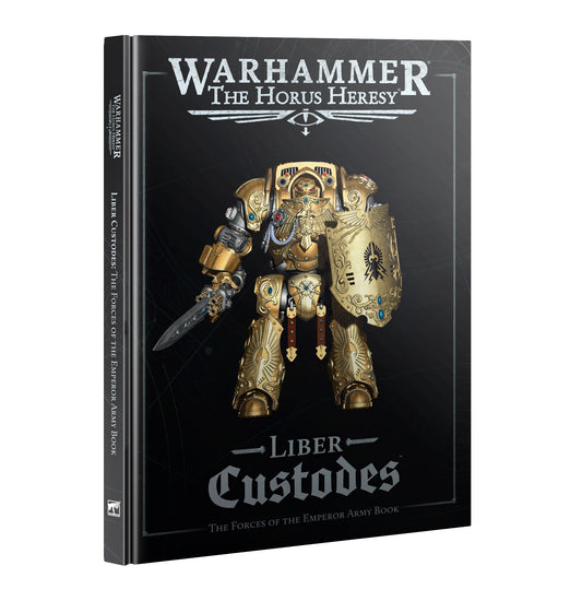 Book titled 'Warhammer: The Horus Heresy Liber Custodes' with a warrior in ornate armor on the cover.