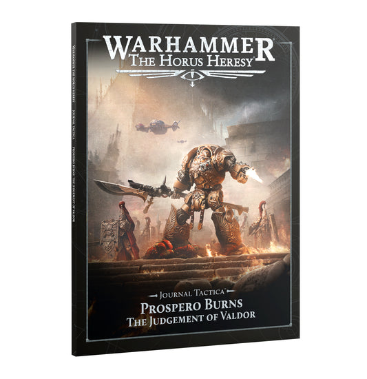 Warhammer: The Horus Heresy Journal Tactics 'Prospero Burns' book cover, featuring a detailed sci-fi battle scene with a large armored warrior and smoke-filled battlefield, shown as a 3D book mockup on a white background.