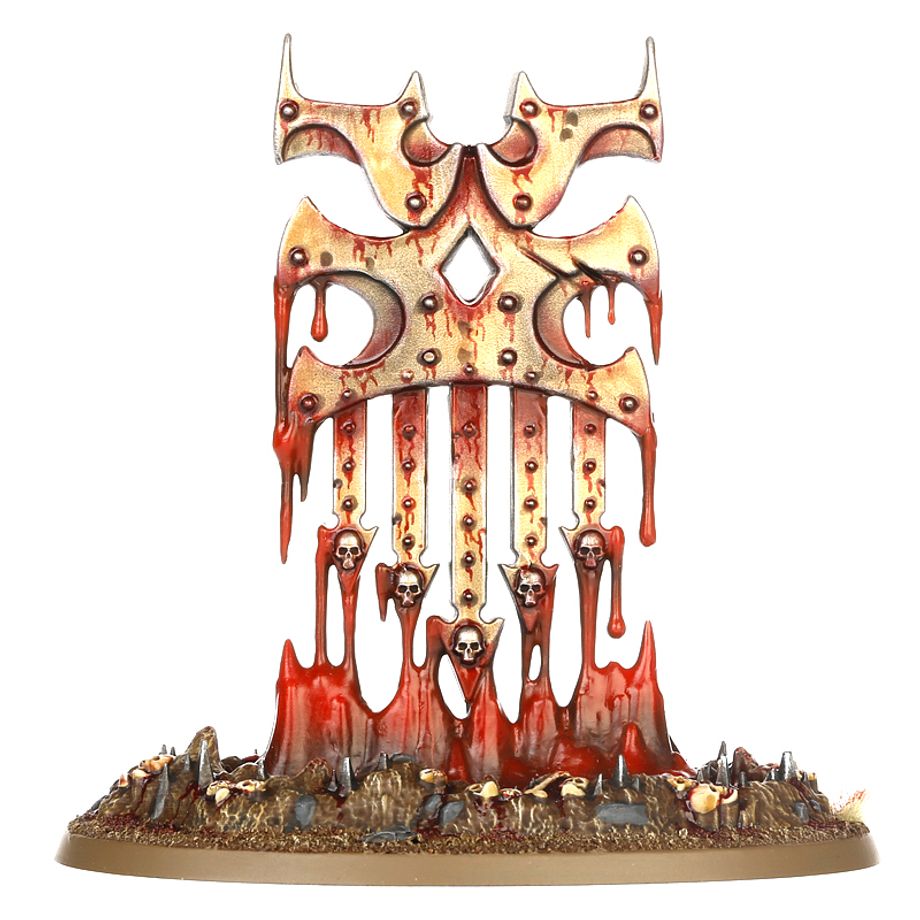 Decorative item with a stylized design featuring skulls and red accents on a white background