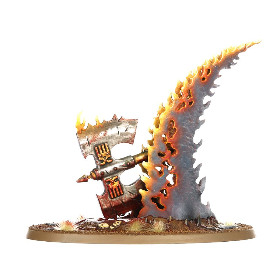 Decorative item with a large, curved blade and an axe on a white background