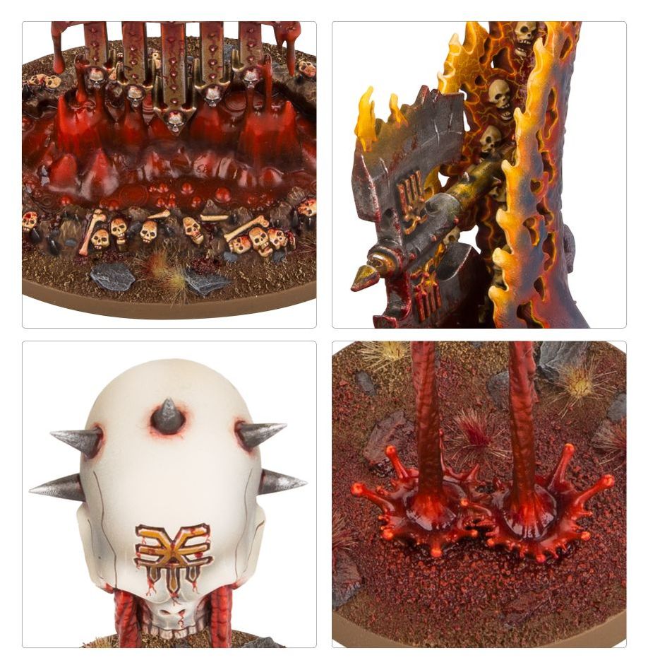 Collage of detailed miniature models with fiery and mechanical elements.