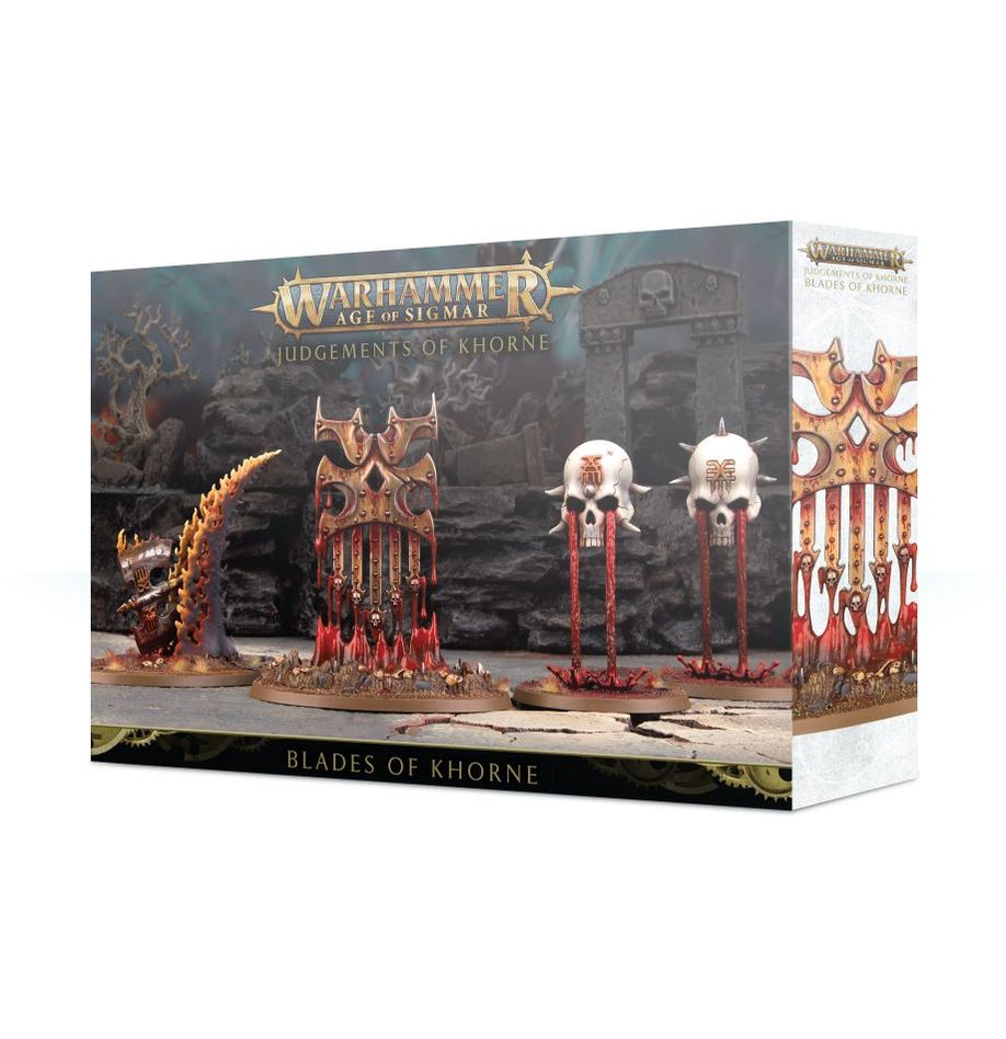 Warhammer Age of Sigmar game box with 'Judgements of Khorne' and 'Blades of Khorne' on a white background