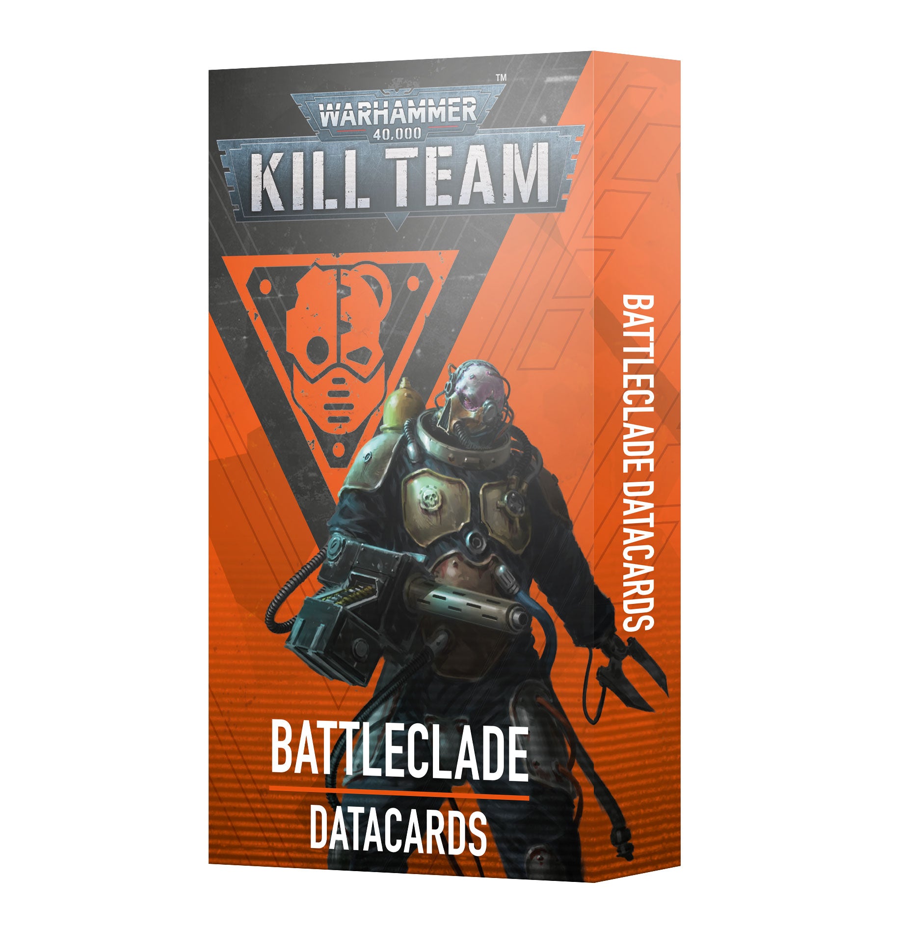 Warhammer 40,000 Kill Team Battleclade Datacards packaging with a character illustration on an orange and black background.