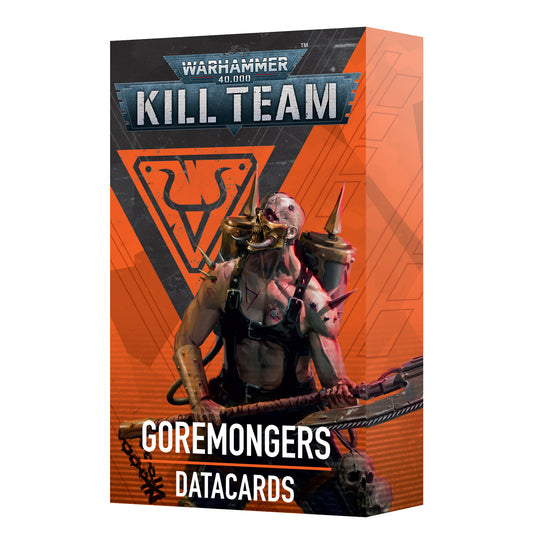 Warhammer 40,000 Kill Team Goremongers Datacards box showcasing a fierce warrior in spiked armor wielding a massive weapon, set against a dramatic orange and black background.