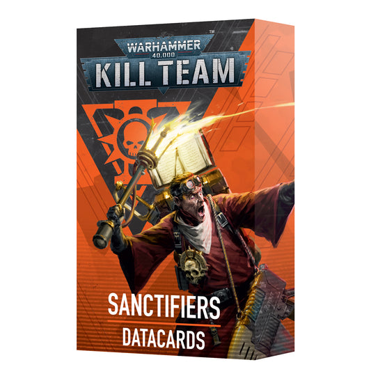 Warhammer 40,000 Kill Team Sanctifiers Datacards box with dynamic artwork of a torch-bearing armored character wearing a book-shaped helmet, set against a vivid orange background with official Warhammer branding.