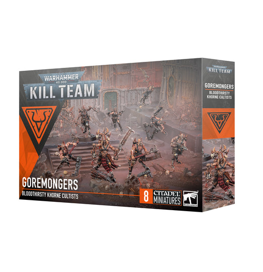 Warhammer 40,000 Kill Team Goremongers Bloodthirsty Khorne Cultists box set with 8 Citadel Miniatures, featuring detailed Khorne cultist figures in a gritty industrial battle scene.