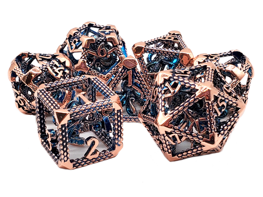 Old School Dice: 7 Piece Dice Set Metallic Hollow Dice: The Kraken - Copper with Blue