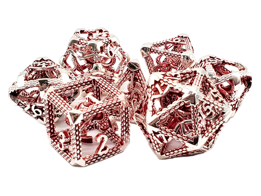 Old School Dice: 7 Piece Dice Set Metallic Hollow Dice: The Kraken - Silver with Red