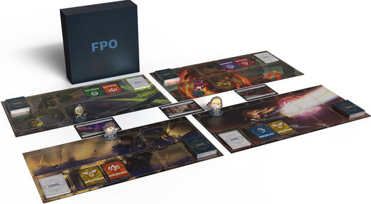 Board game with various game pieces and a box labeled 'FPO' on a white background