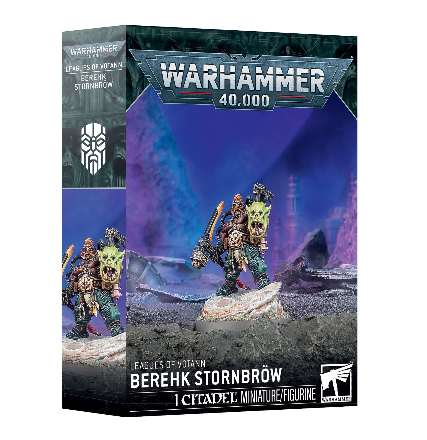Warhammer 40,000 miniature figurine packaging with character illustration on a white background