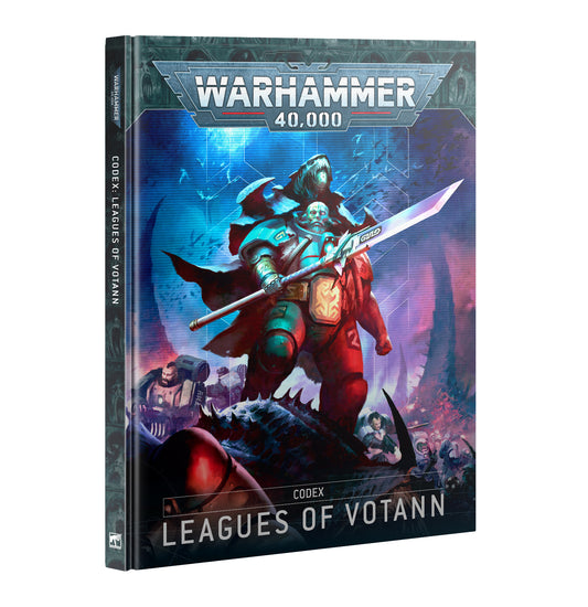 Cover art for Leagues of Votann codex featuring a Votann warrior wielding a spear on alien world.