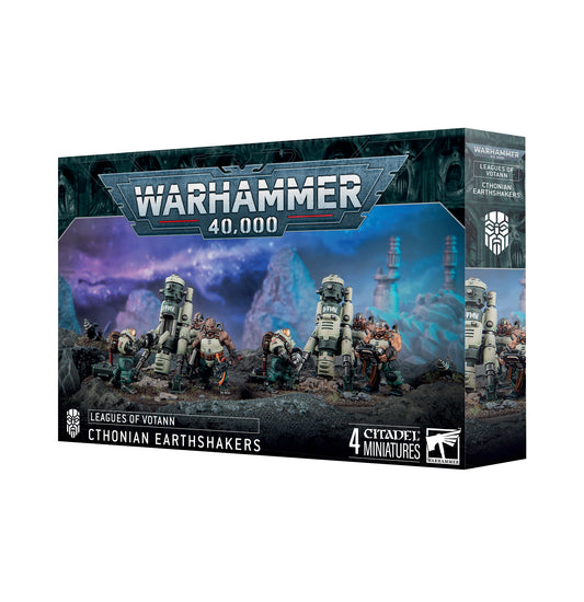 Warhammer 40,000 game box with Cthonian Earthshakers on a white background