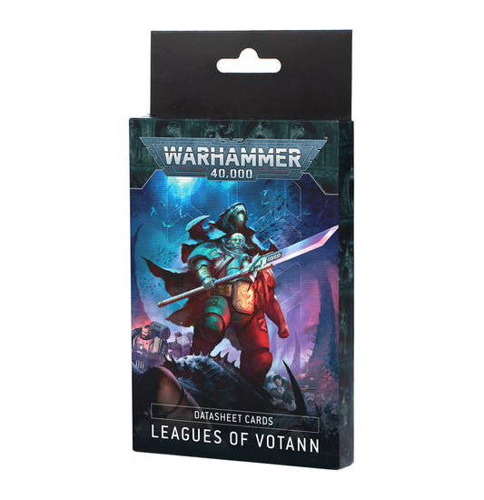 Cover art for Leagues of Votann datasheet cards for Warhammer 40,000 10th edition featuring a Votann warrior wielding a spear on an alien world.