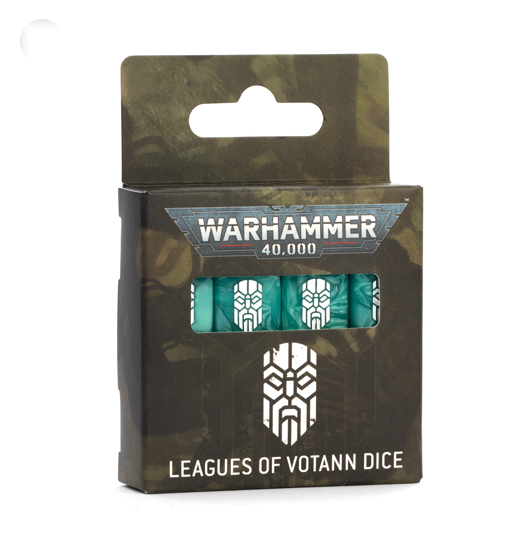 Leagues of Votann dice set container art featuring the Leagues of Votann logo on a stonework background. The dice are a sea green with white pips featuring the leagues of Votann logo on one side.