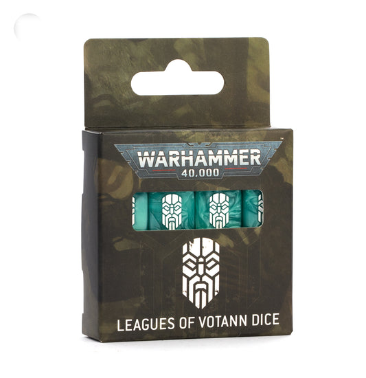 Leagues of Votann dice set container art featuring the Leagues of Votann logo on a stonework background. The dice are a sea green with white pips featuring the leagues of Votann logo on one side.