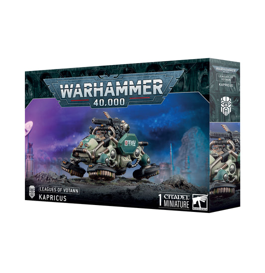 Warhammer 40,000 game box with a space marine vehicle on a dark background