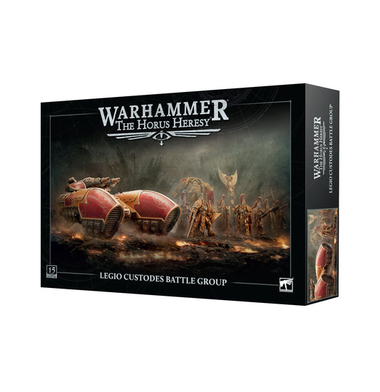 Warhammer The Horus Heresy game box with characters and vehicle on a dark background