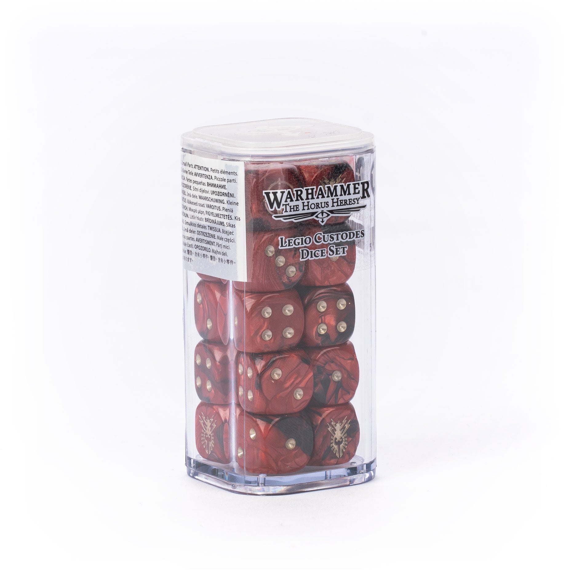 A clear plastic cylindrical container holding red polyhedral dice, with a printed Warhammer 40k logo label on the front. The product is photographed on a seamless white background.
