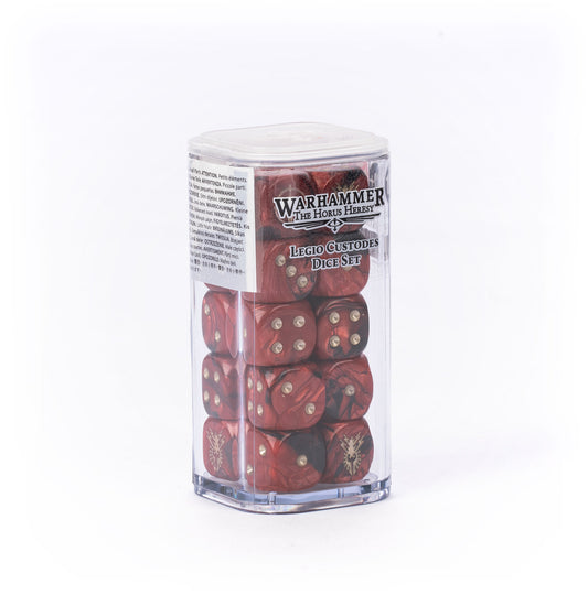 A clear plastic cylindrical container holding red polyhedral dice, with a printed Warhammer 40k logo label on the front. The product is photographed on a seamless white background.