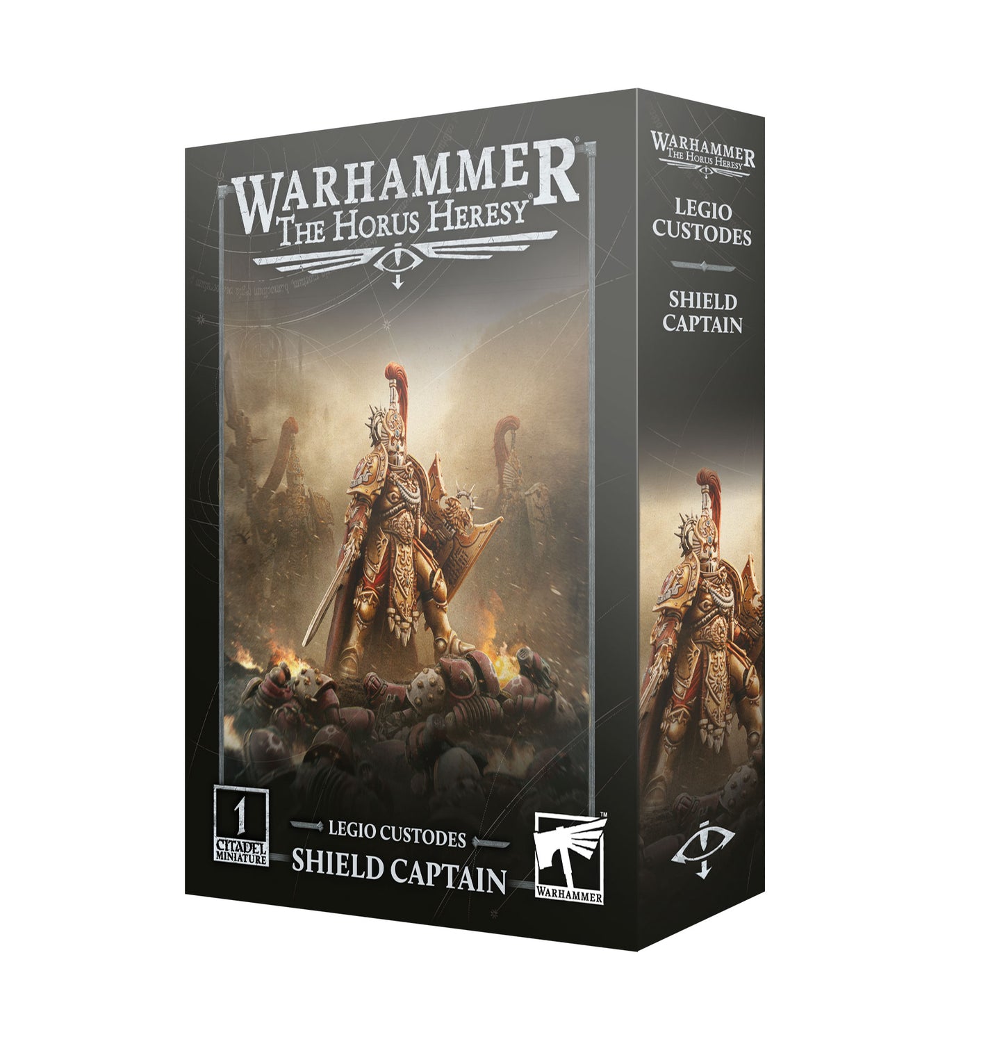 Warhammer The Horus Heresy game box with a shield captain figure on a white background