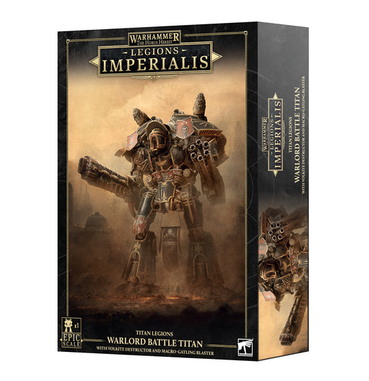 Warhammer 40k: Legions Imperialis Warlord Battle Titan box set, featuring a detailed illustration of the Titan on the front cover and side panel, with the Warlord Games logo at the bottom.