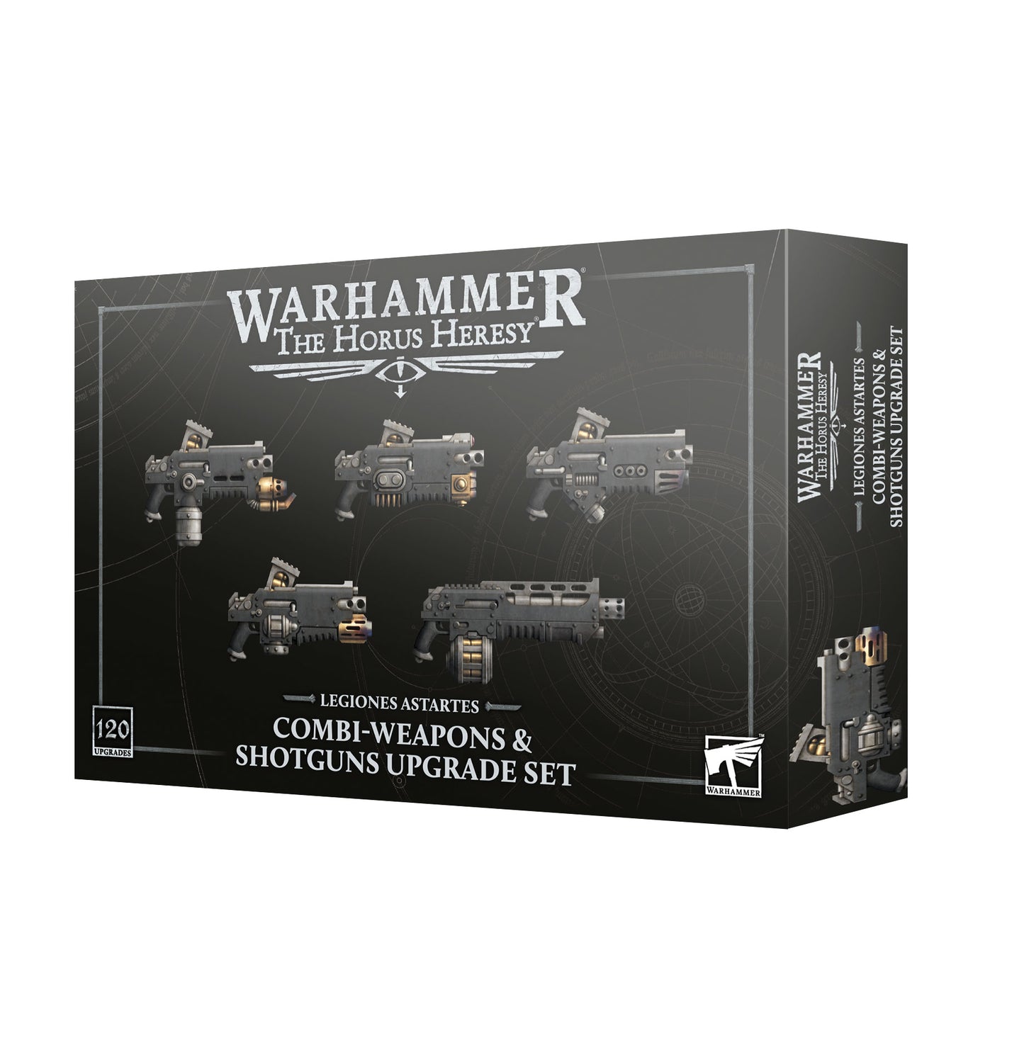 Warhammer 40k Horus Heresy Combi-Weapons & Shotgun Upgrade Set box, featuring five illustrated weapon models on a dark black background with white and silver text.