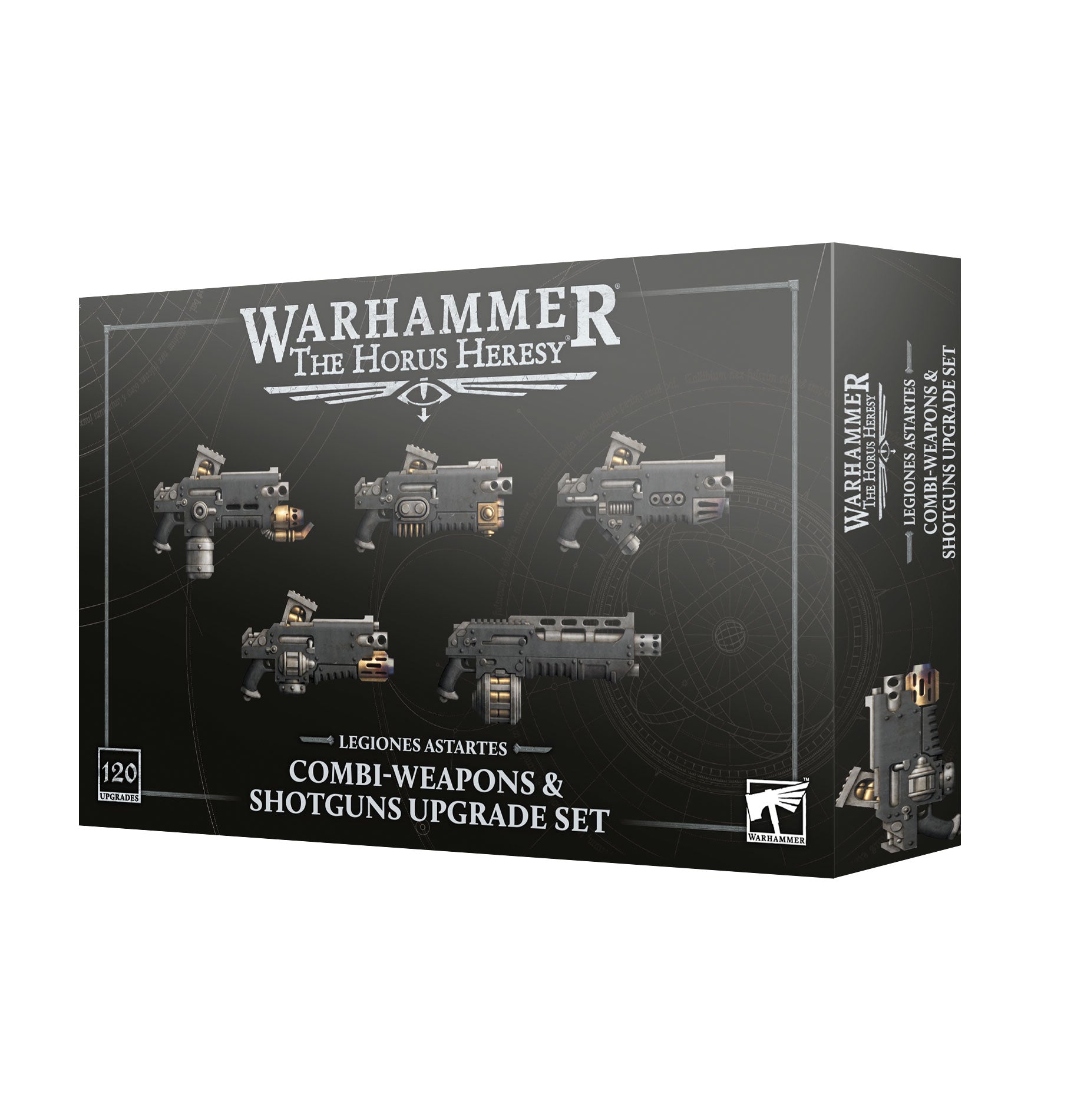 Warhammer 40k Horus Heresy Combi-Weapons & Shotgun Upgrade Set box, featuring five illustrated weapon models on a dark black background with white and silver text.