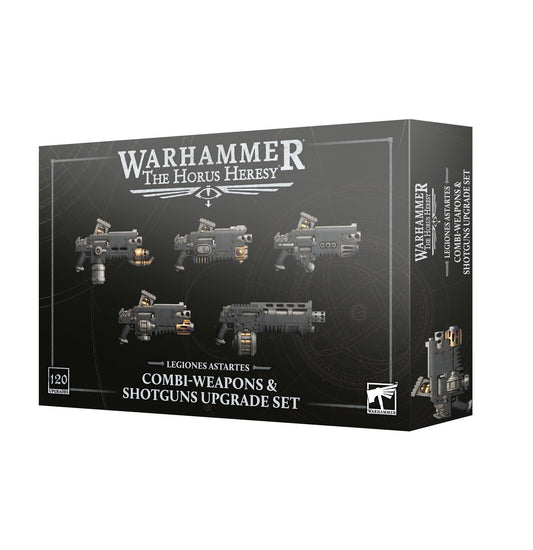 Warhammer 40k Horus Heresy Combi-Weapons & Shotgun Upgrade Set box, featuring five illustrated weapon models on a dark black background with white and silver text.