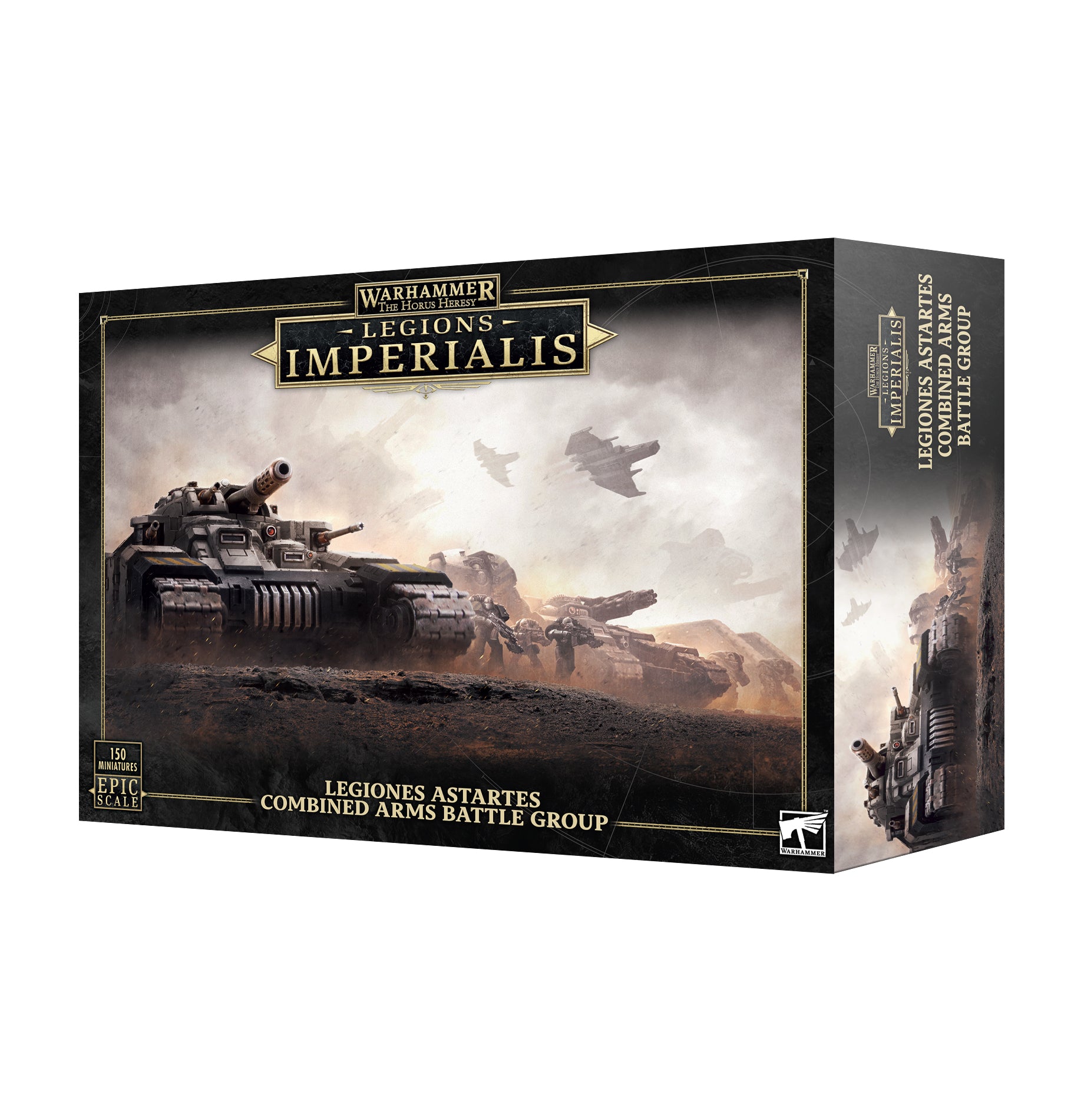 Warhammer Legions Imperialis box set packaging with tanks on a desert landscape