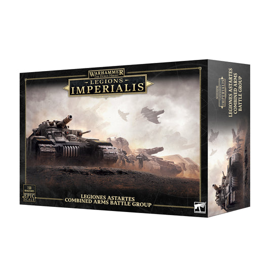 Warhammer Legions Imperialis box set packaging with tanks on a desert landscape