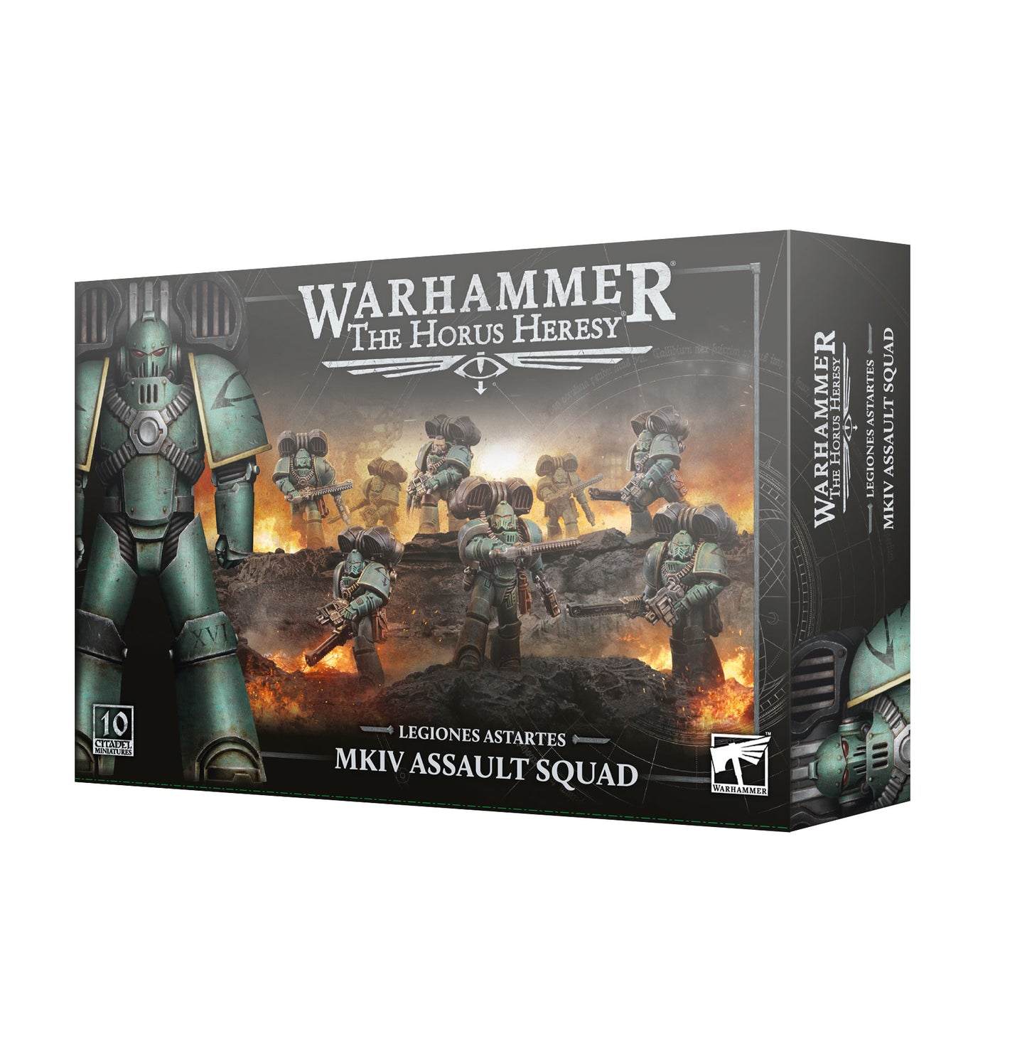 Warhammer 40k The Horus Heresy MKIV Assault Squad box set, featuring a dark green armored space marine on the front cover and a fiery battle scene with space marines on the side panel.