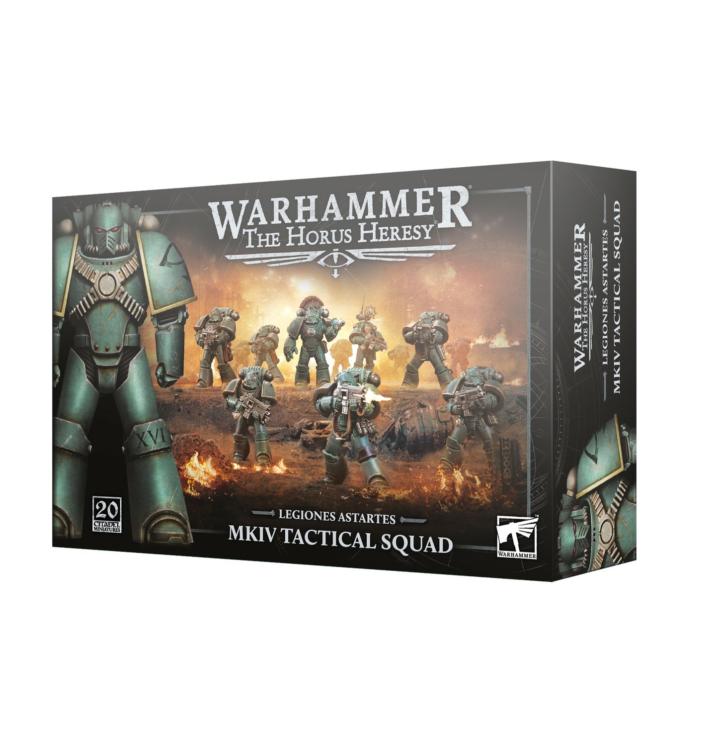 Warhammer 40k The Horus Heresy MKIV Tactical Squad box set, featuring detailed box art of Space Marine soldiers in green armor against a fiery battlefield background.