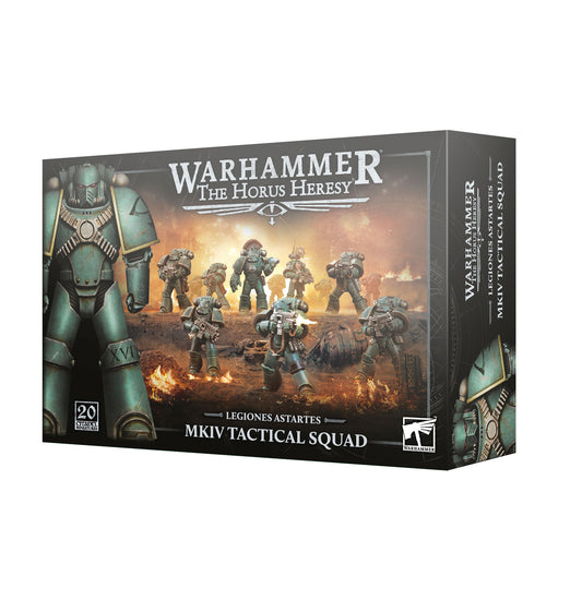 Warhammer 40k The Horus Heresy MKIV Tactical Squad box set, featuring detailed box art of Space Marine soldiers in green armor against a fiery battlefield background.