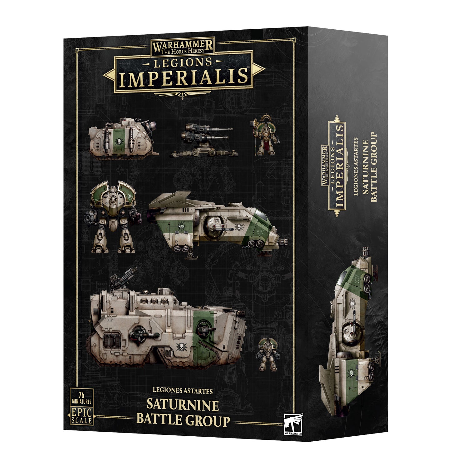 Warhammer Legions Imperialis Saturnine Battle Group box with model images on a black background