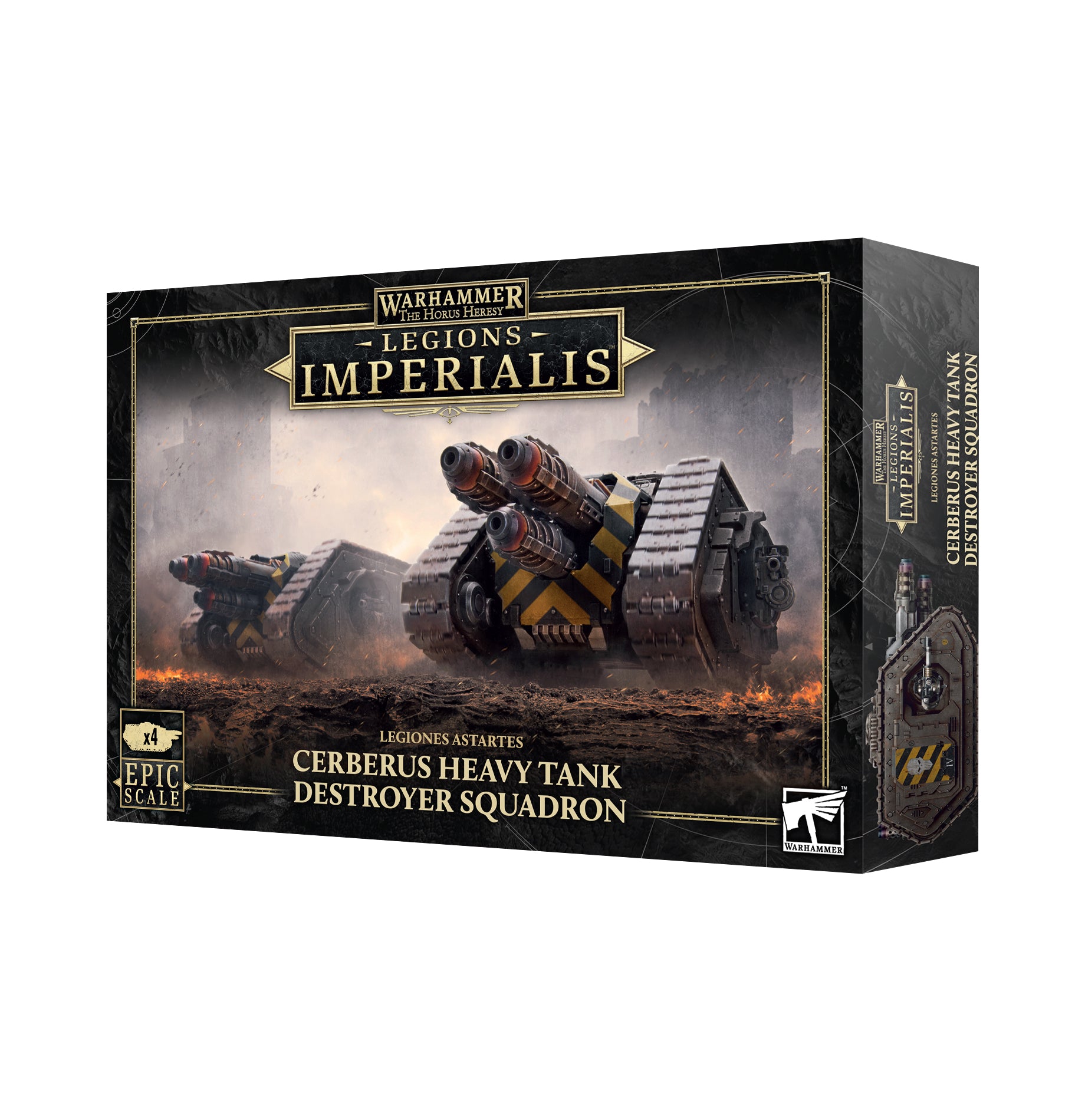Warhammer 40,000 Legions Imperialis box set packaging with tanks on a battlefield.