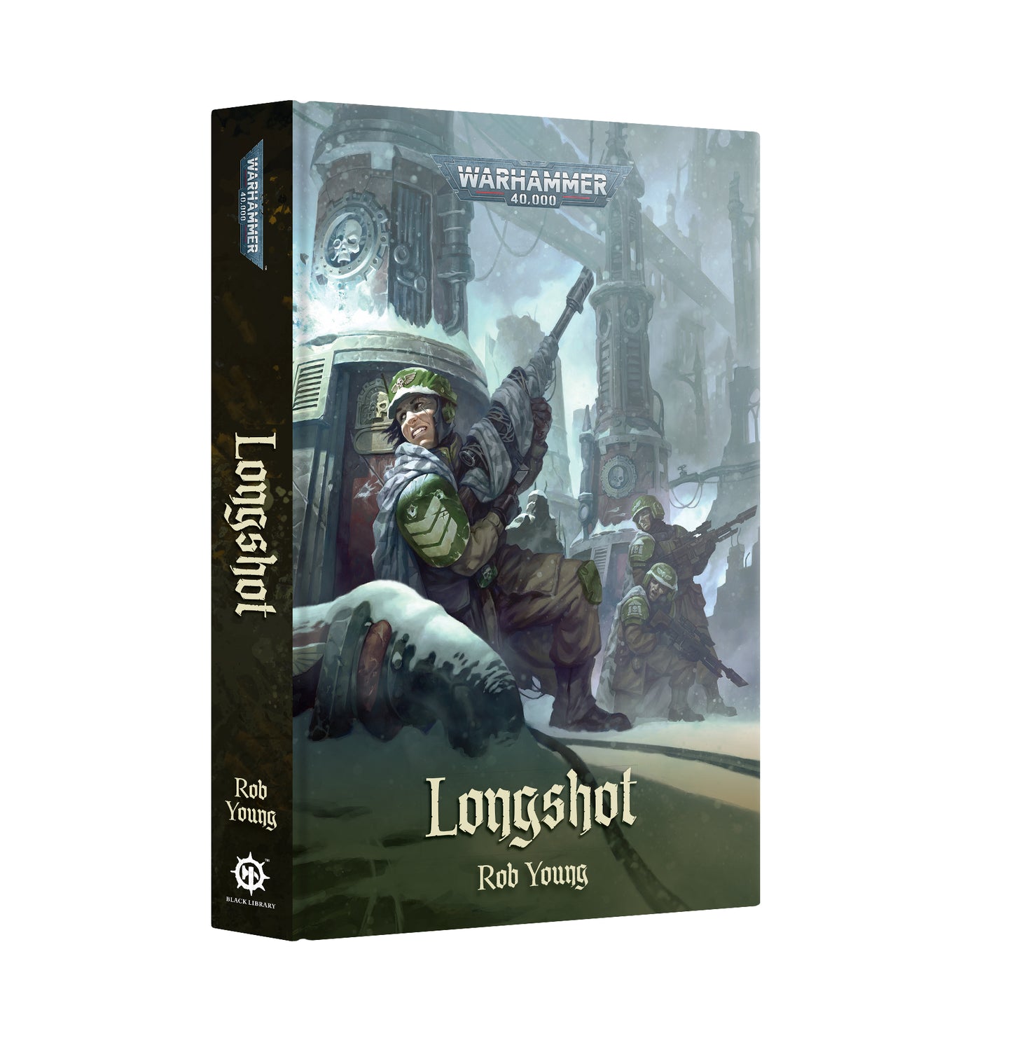 Warhammer 40k Longshot board game box by Rob Young, featuring a sci-fi illustration of soldiers in a ruined city on the cover, shown at a three-quarter angle against a plain white background.