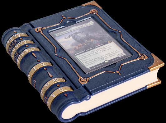 Decorative book-shaped card holder with a card inside on a black background.